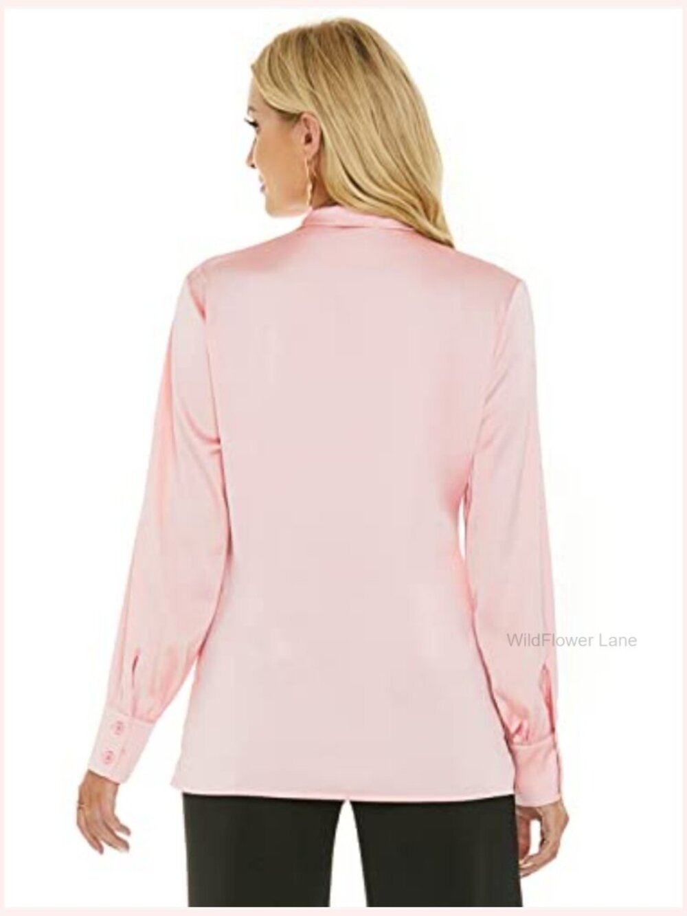 BOW TIE NECK SATIN BLOUSE LONG SLEEVE BUTTON DOWN SHIRT FOR WORK OFFICE - Picture 6 of 7